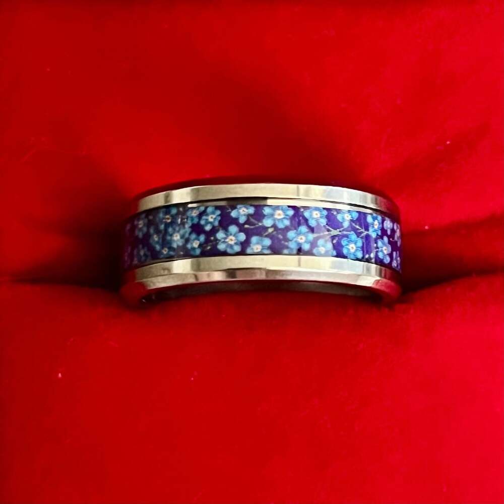 Purple Blue Floral Inlay Ring Titanium Steel Silver Polished Finish 8mm Band Siz
